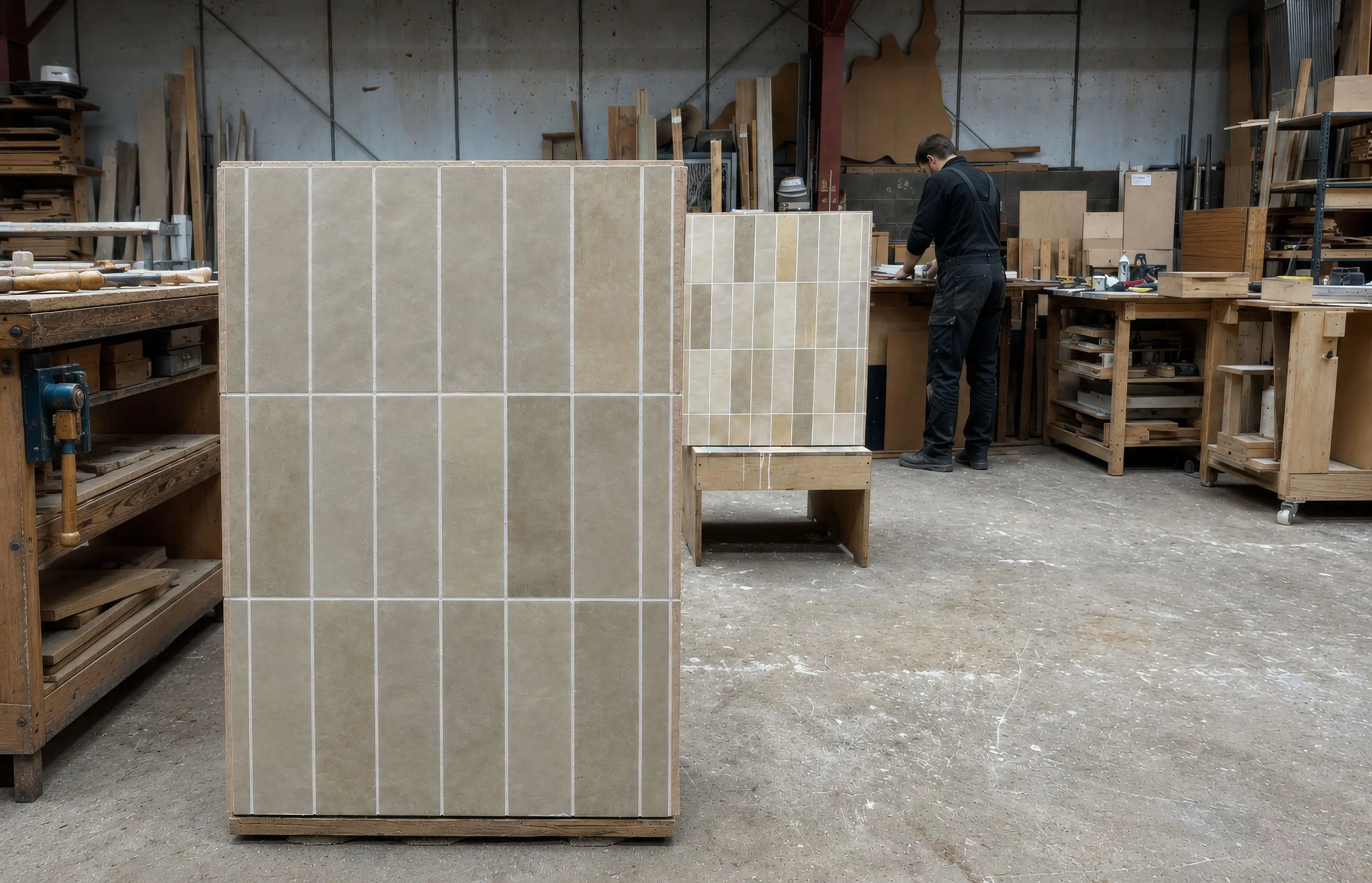Studio Tuesday joinery workshop in London with bespoke timber and tile fixtures in production
