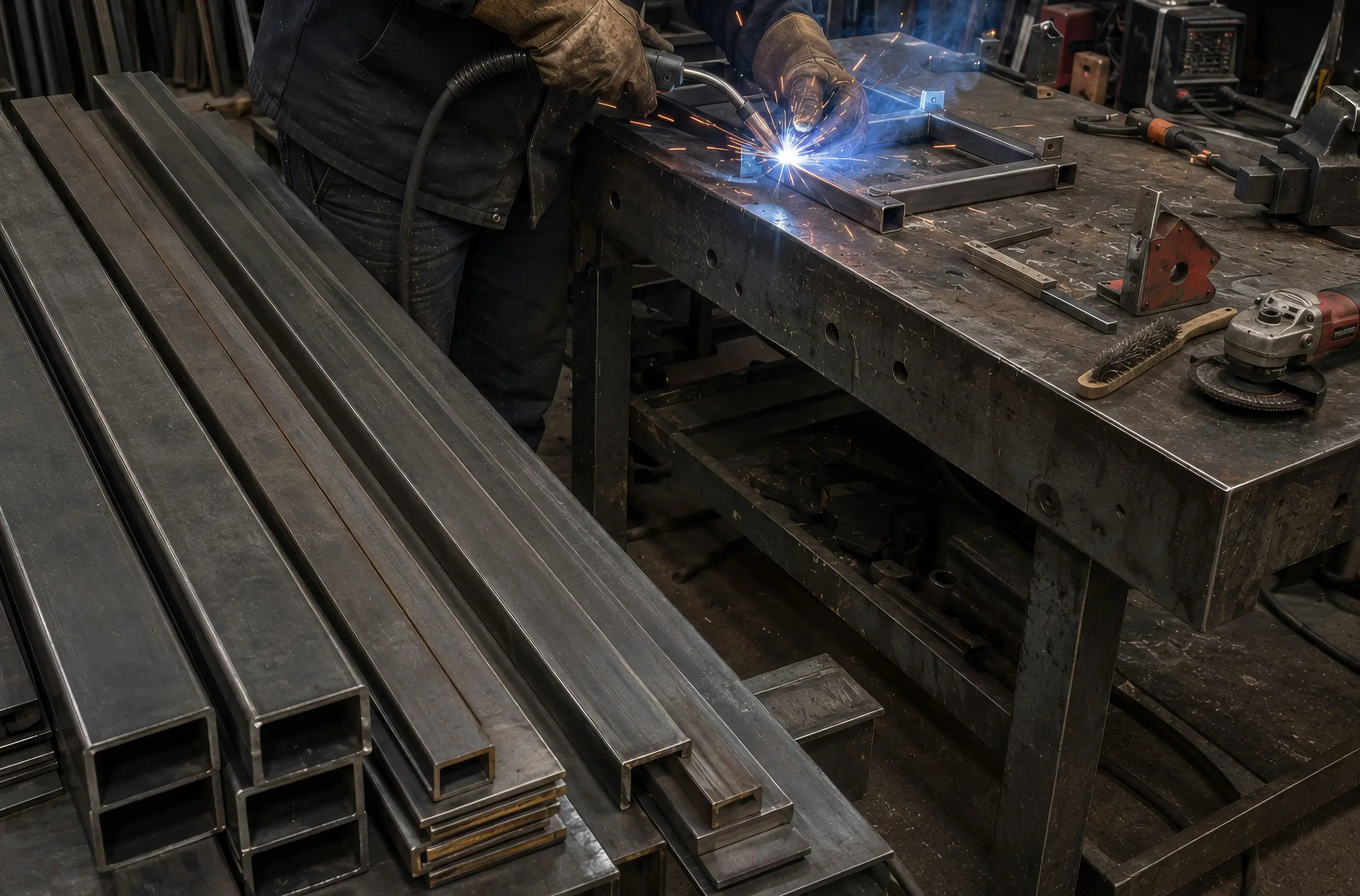 Welding steel box-section frames for bespoke retail fixtures in the metalwork shop