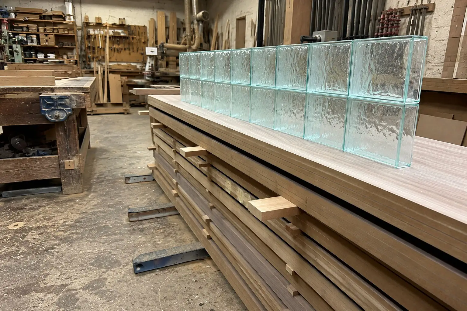 Glass blocks and stacked timber boards on a workbench in Studio Tuesday’s fabrication workshop