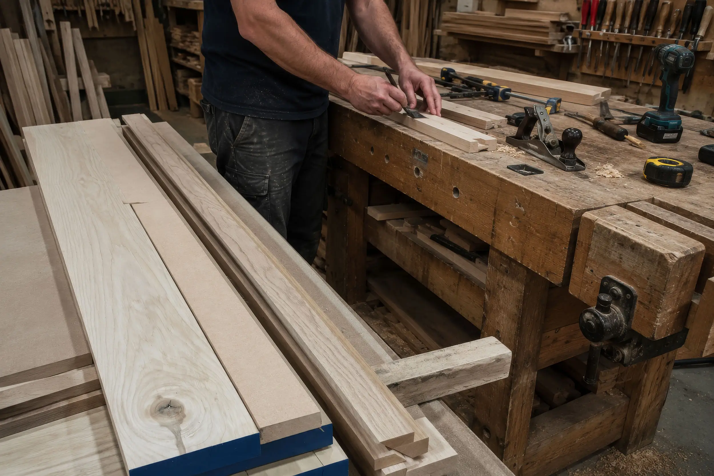 Planing sawn timber lengths on a traditional workbench during a retail fit-out project